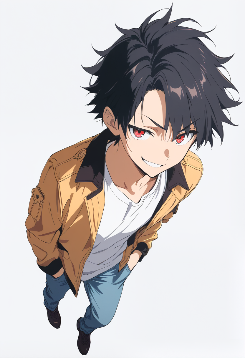 Anime coloring, spiky black hair, red eyes, open jacket, white t-shirt, jeans, hands in pockets, confident smirk