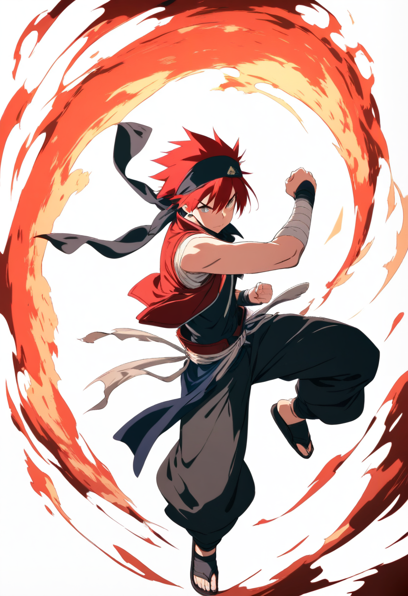 Anime coloring, wild red hair, bandana, open vest, arm wraps, baggy pants, sandals, grinning, adventurer pose