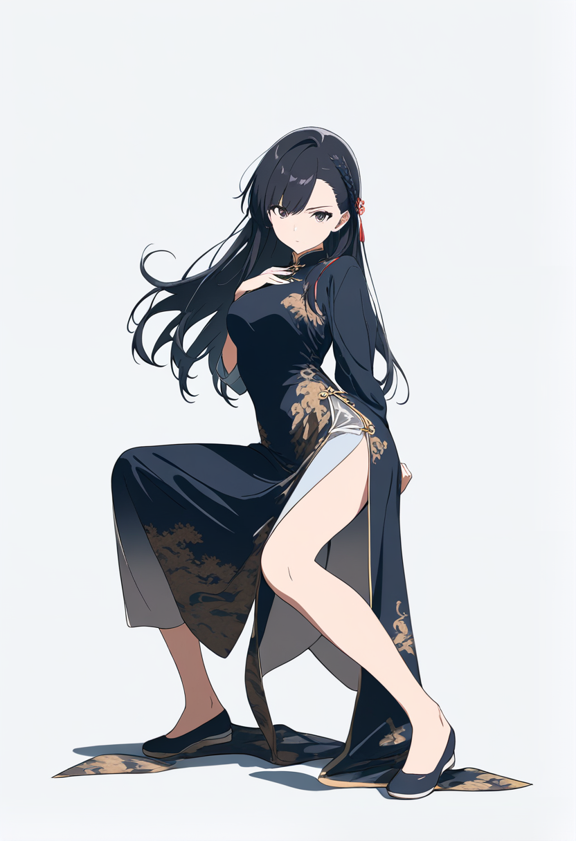 Anime coloring, long black hair, side braid, chinese dress, high slits, flats, hand behind back, composed stance