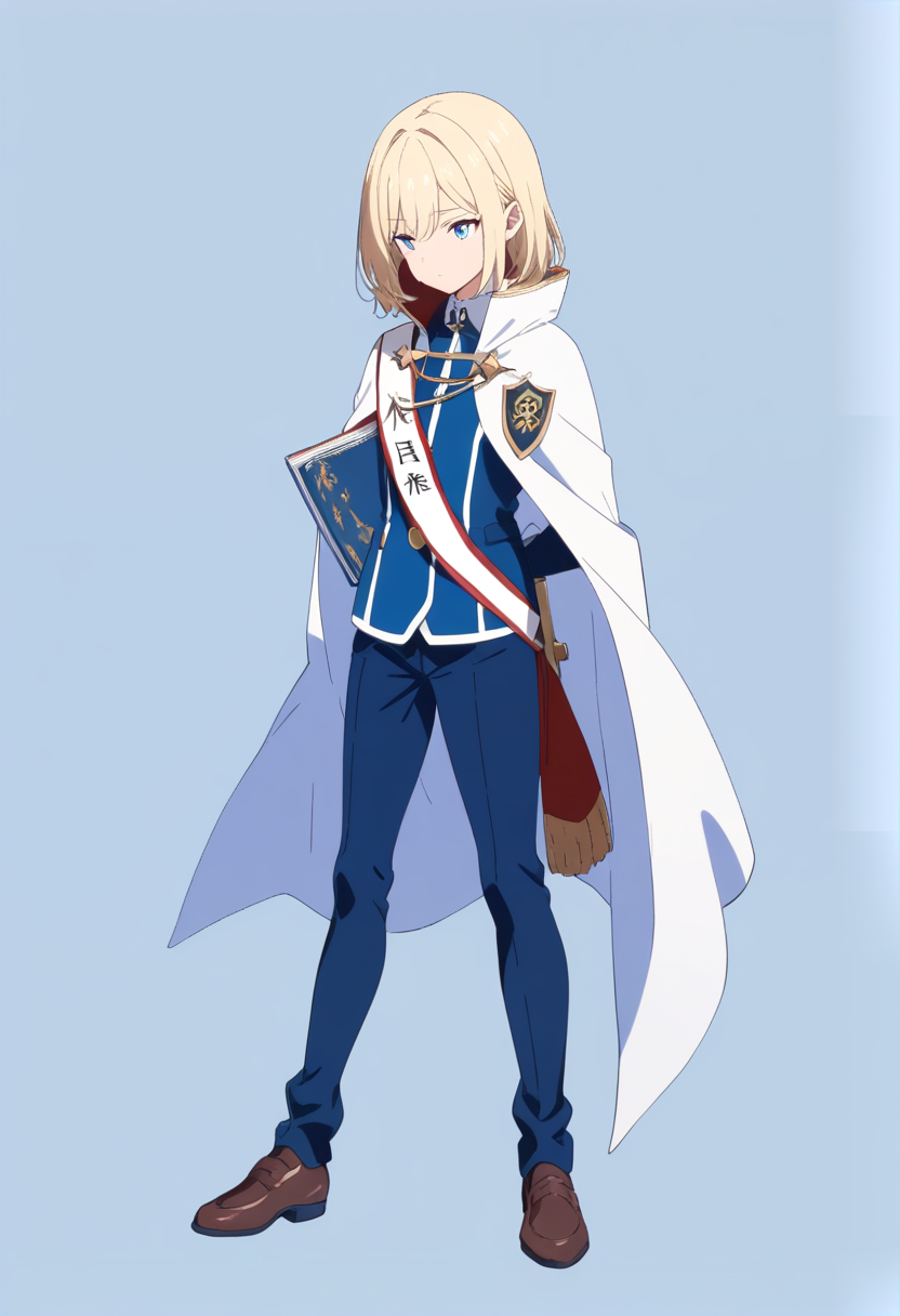 Anime coloring, neat blonde hair, blue eyes, academy uniform, cape, honor student sash, textbook under arm, proper posture
