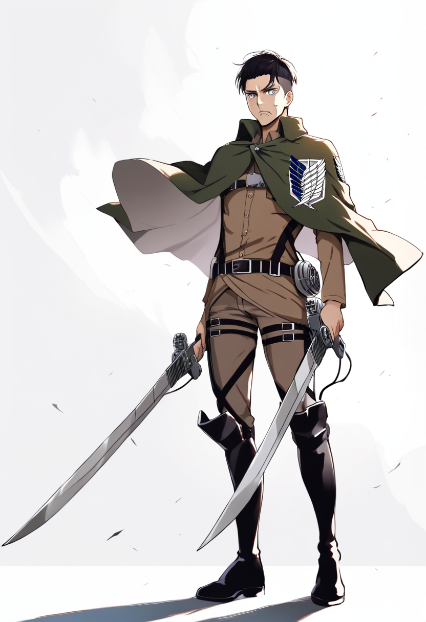 Shingeki no kyojin style, survey corps soldier, short undercut black hair, stern grey eyes, scar across jaw, survey corps cloak billowing, odm gear equipped, dual blades at ready, stoic battle hardened expression