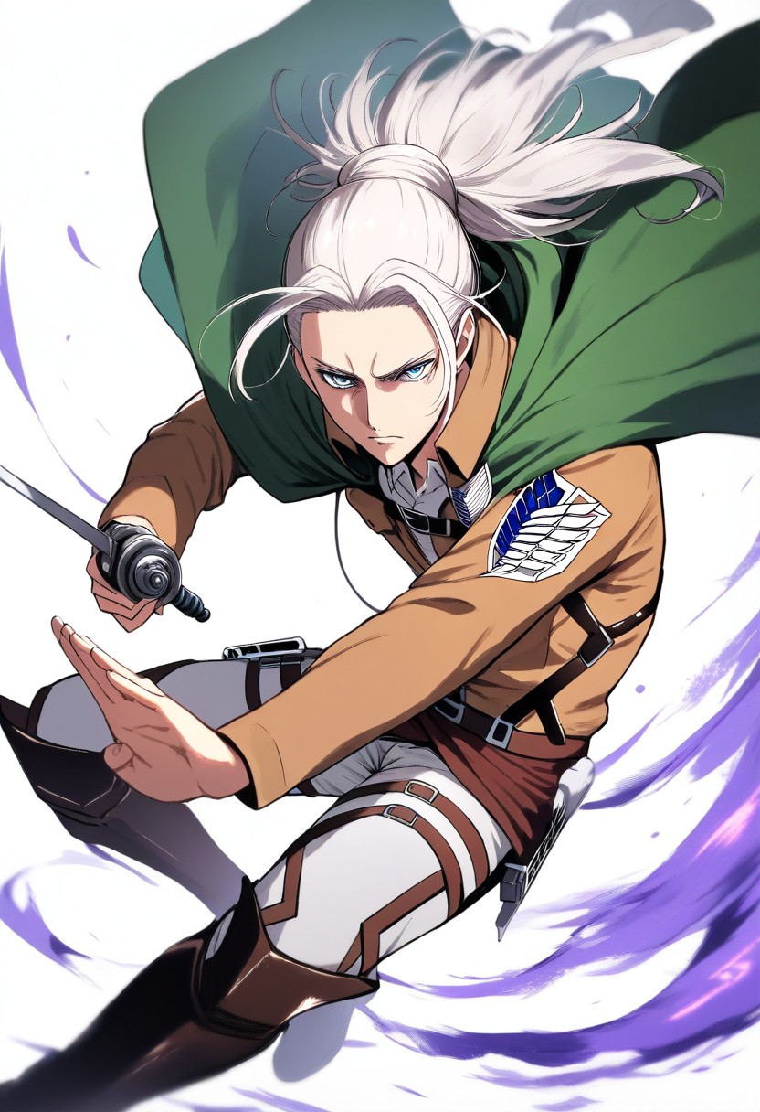 Shingeki no kyojin style, survey corps soldier, tall build, long tied back platinum hair, calm violet eyes, veteran survey corps cloak tattered at edges, odm gear, single blade pointed forward in lunge stance, focused expression