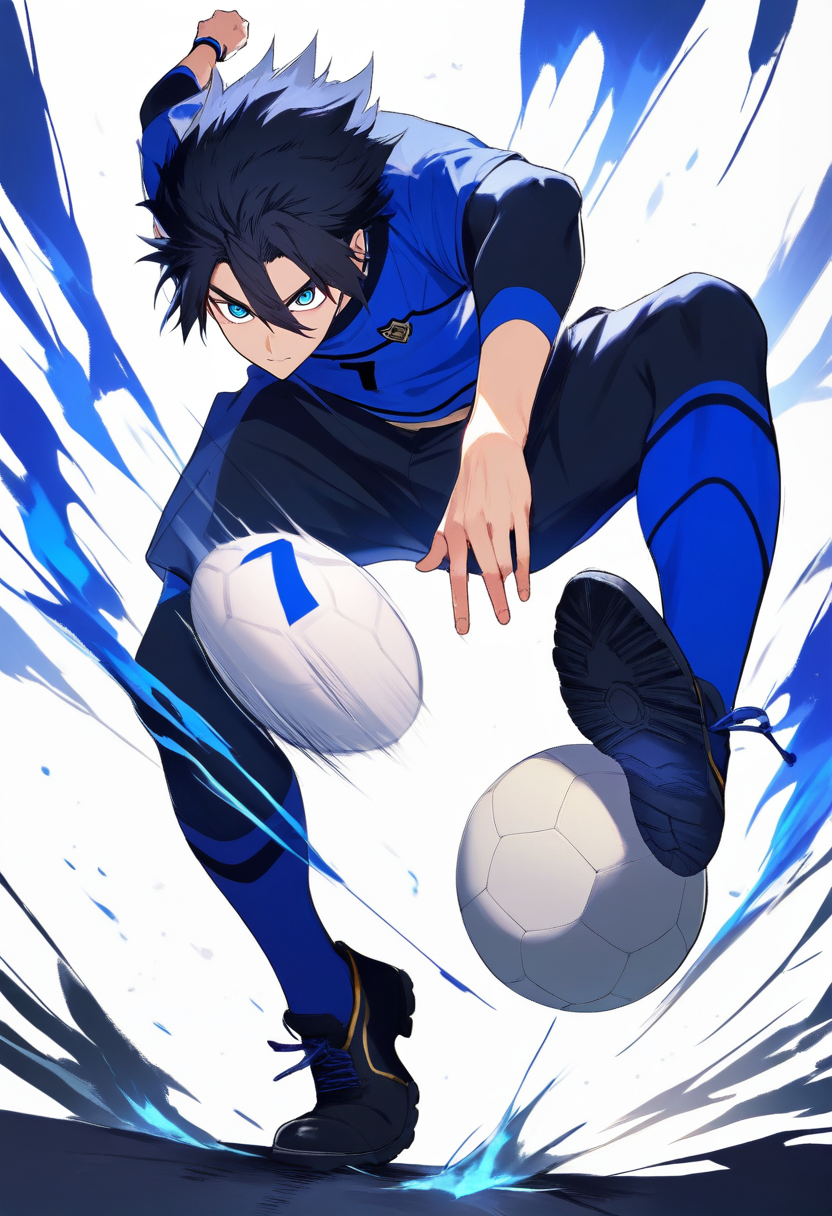 Blue Lock style striker OC in mid-shot with intense expression