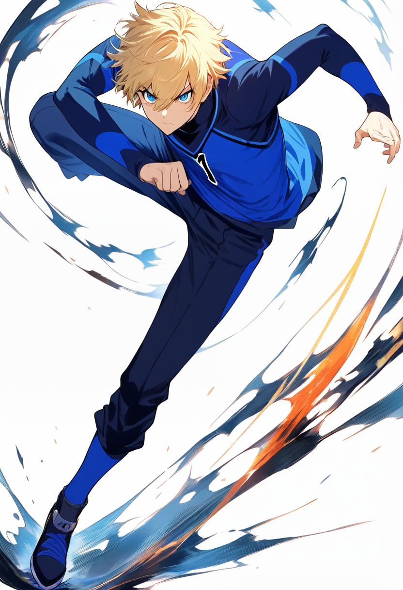 Blue lock style, messy blonde hair, blue lock uniform, number 11, dribbling pose, low center of gravity, determined expression