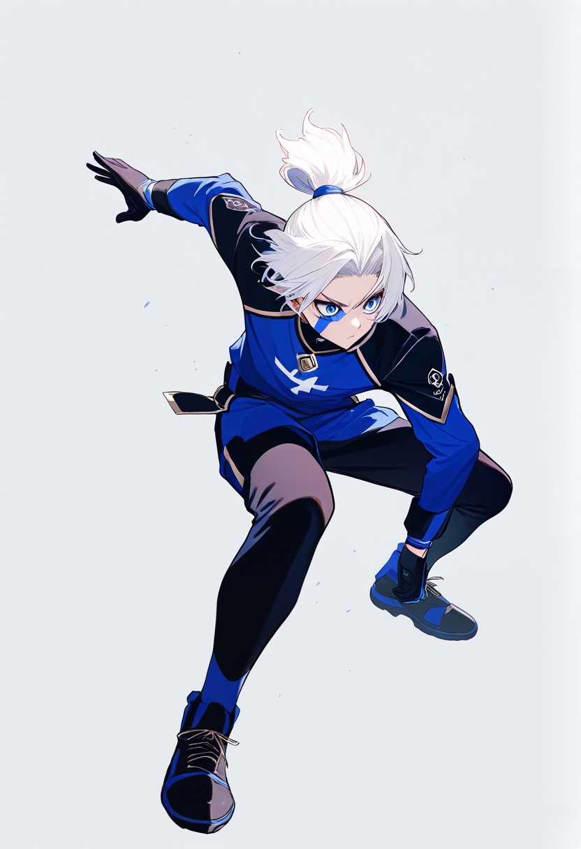 Blue lock style, long white hair tied back, blue lock uniform, number 4, goalkeeper stance, gloves, sharp analytical gaze