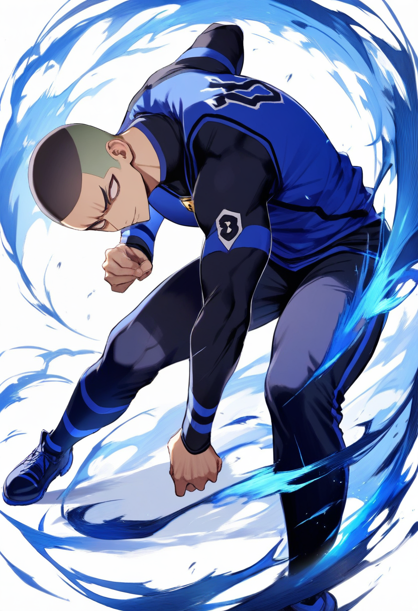 Blue lock style, dark green buzz cut, blue lock uniform, number 3, defensive slide tackle, muscular build, aggressive expression