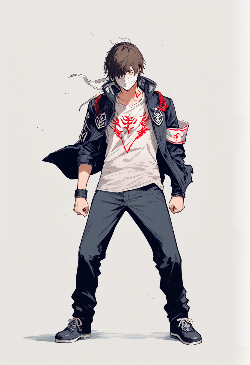Chainsaw man style, devil hunter, scruffy brown hair, bandaged face covering one eye, battered public safety uniform missing jacket, katana with devil contract markings, exhausted but standing firm