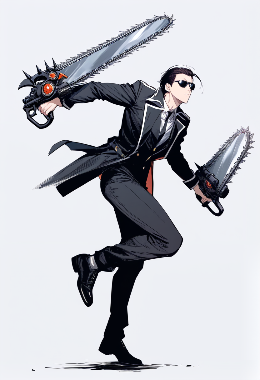 Chainsaw man style, devil hunter, tall lean build, slicked back dark hair, sunglasses, black suit instead of standard uniform, dual pistols drawn, walking forward cool pose