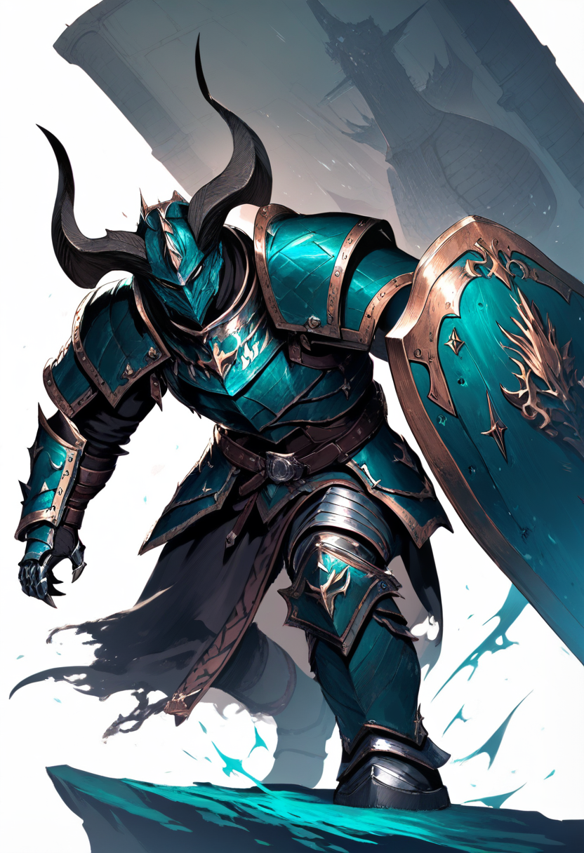 Fantasy, dragonborn, horns, scaled skin, teal coloring, heavy plate armor, tower shield, warhammer, imposing stance