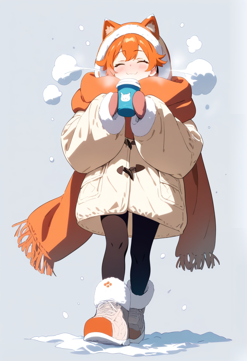 Anime coloring, fluffy orange hair, cat-like smile, oversized scarf, winter coat, mittens, holding hot drink, warm expression
