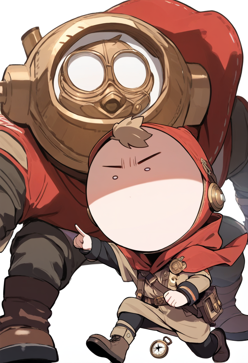 Chibi, 2heads tall, oversized head, big excited eyes, red cap, explorer outfit, tiny compass, pointing forward, adventure pose