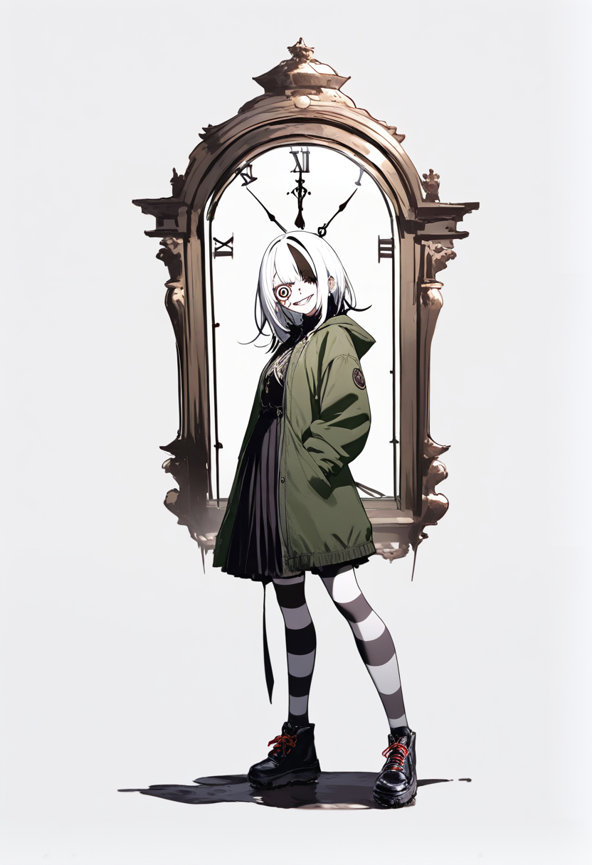 Creepypasta, clock themed girl, clock eye replacing left eye, stitches on face, white hair with black streaks, green jacket, skirt, striped stockings, manic grin