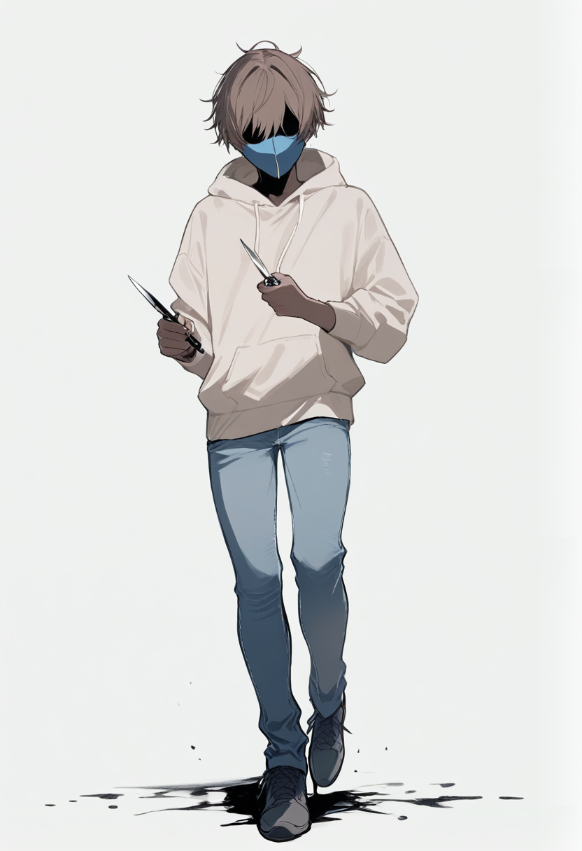 Creepypasta, eyeless boy, dark grey skin, black tar dripping from empty eye sockets, blue mask, messy brown hair, grey hoodie, jeans, scalpel in hand, lurking pose