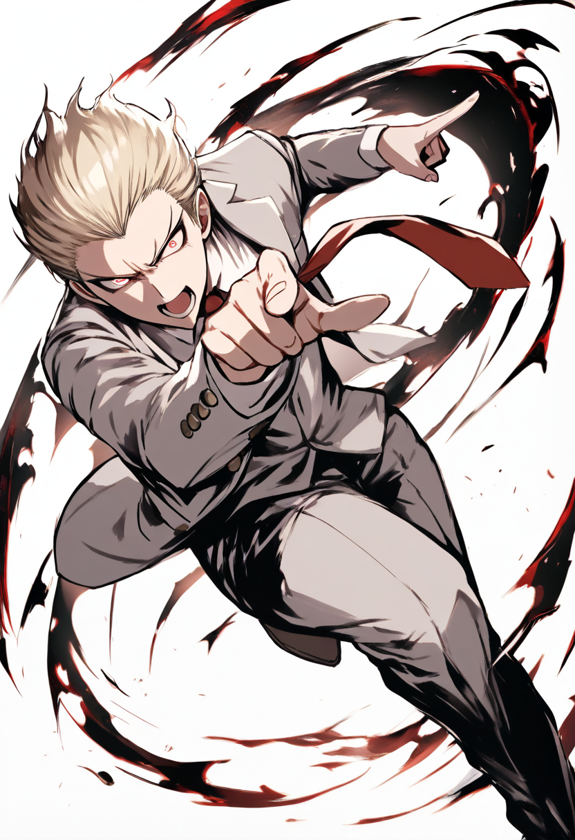 Danganronpa style, slicked back blonde hair, ultimate prosecutor, grey suit, red tie, pointing dramatically, intense expression
