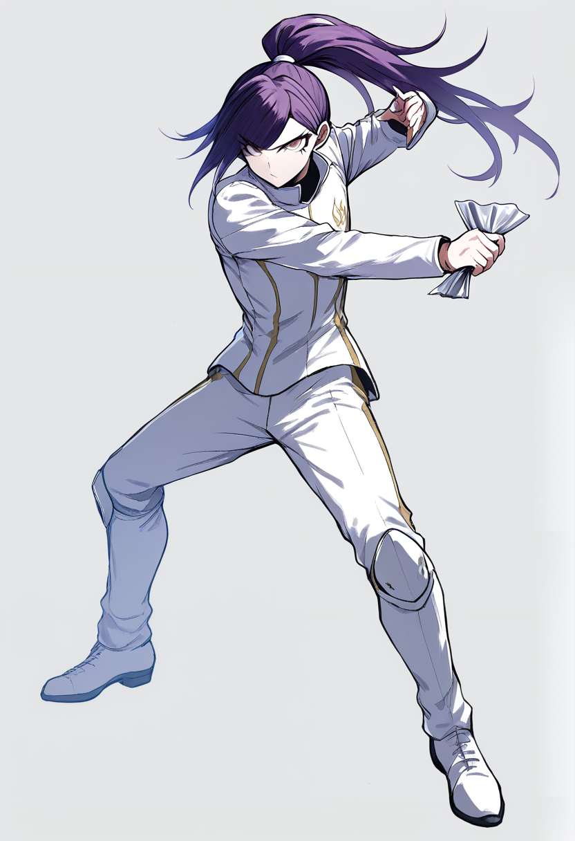 Danganronpa style, long purple hair ponytail, ultimate fencer, white fencing uniform, holding foil, elegant stance, sharp eyes