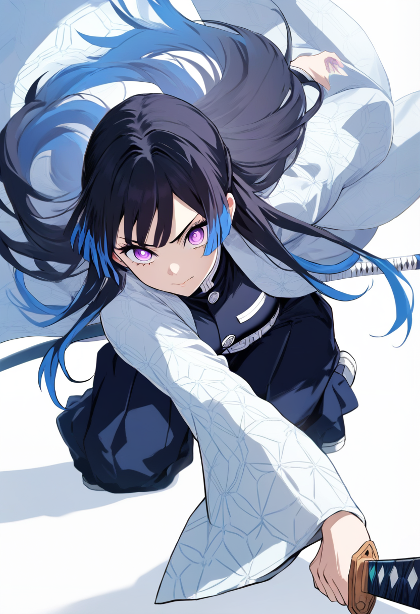 Kimetsu no yaiba style, demon slayer corps member, long straight black hair with blue tips, violet eyes, navy blue and silver snowflake-patterned haori, katana mid-draw iaijutsu pose, calm focused expression