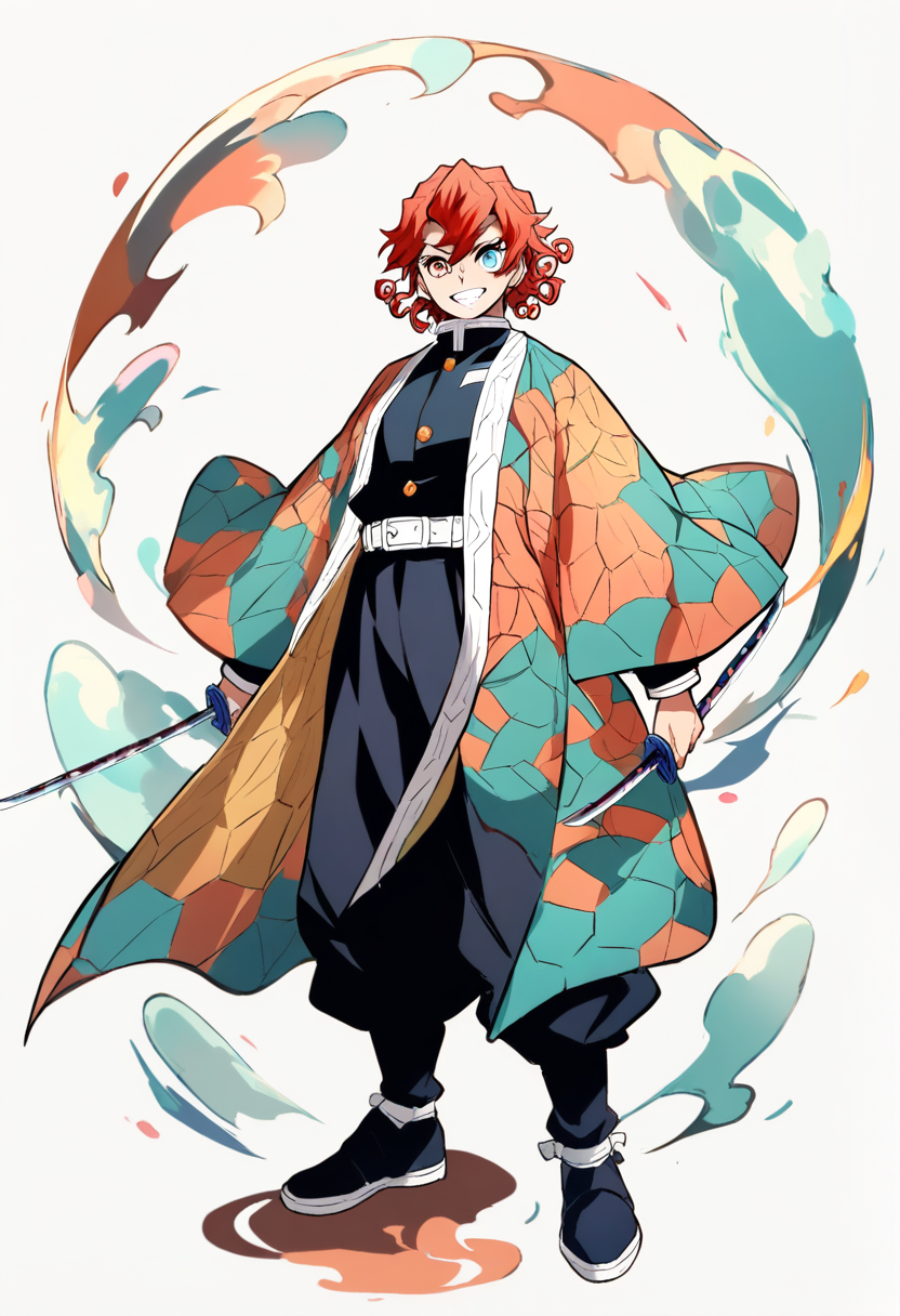 Kimetsu no yaiba style, demon slayer corps member, curly auburn hair, heterochromia green and blue eyes, dark teal and copper wave-patterned haori, twin short swords at sides, playful grin
