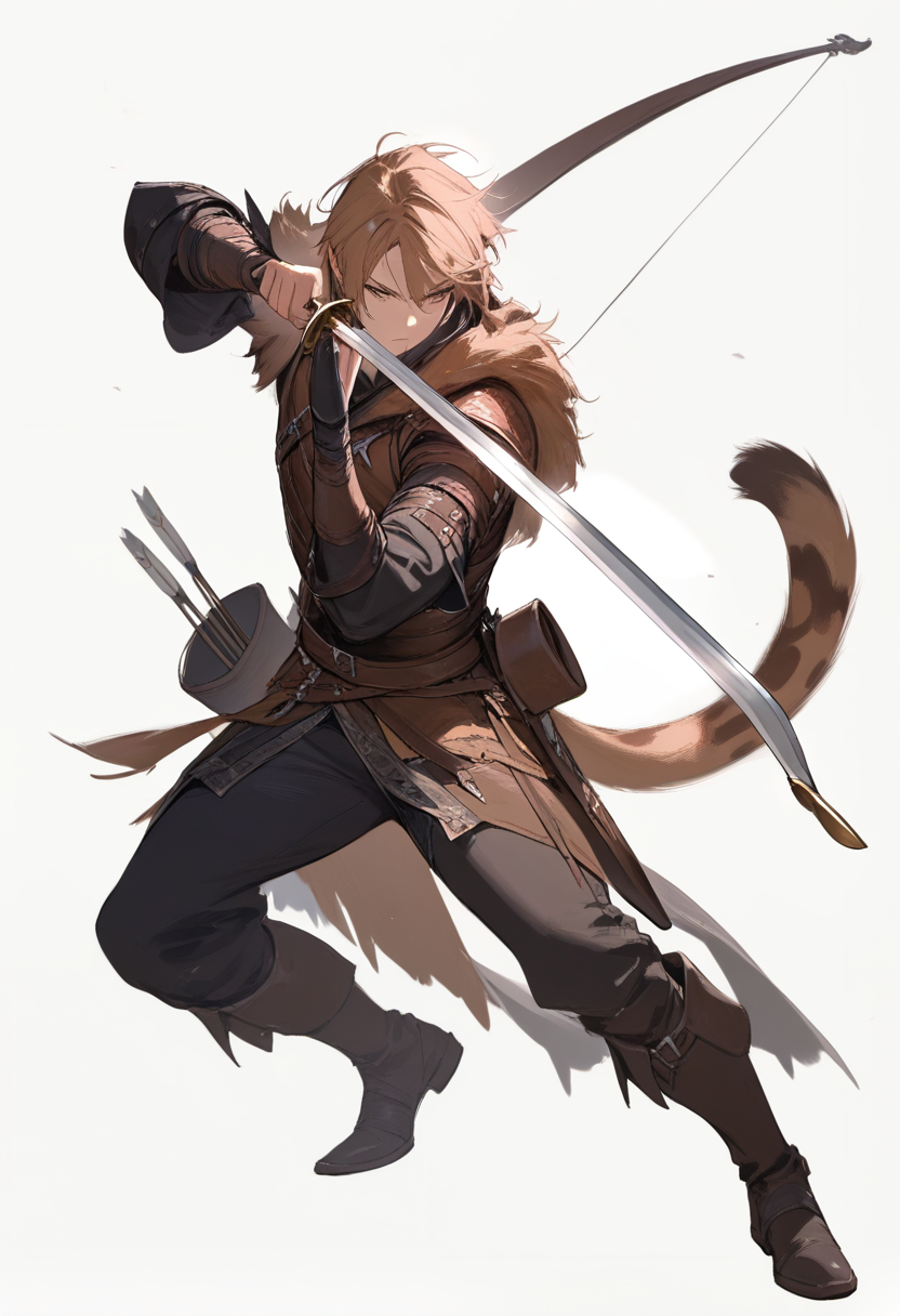 Fantasy, dungeons and dragons, tabaxi, spotted fur, cat features, tail, ranger leather armor, longbow, quiver, twin short swords, alert hunting stance