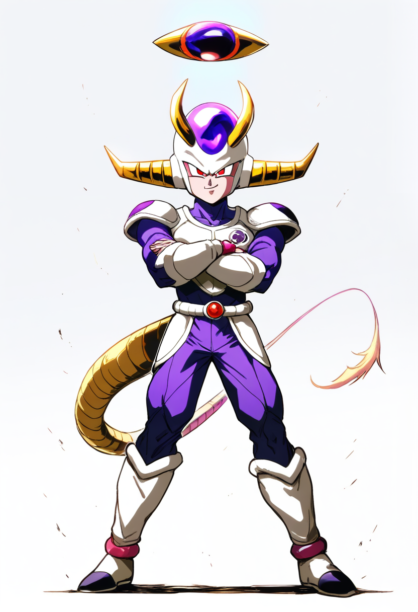 Dragon ball super style, frieza race alien, purple and white bio-armor skin, ruby red eyes, long tail, golden horns, crossed arms floating above ground, regal intimidating pose, smug expression