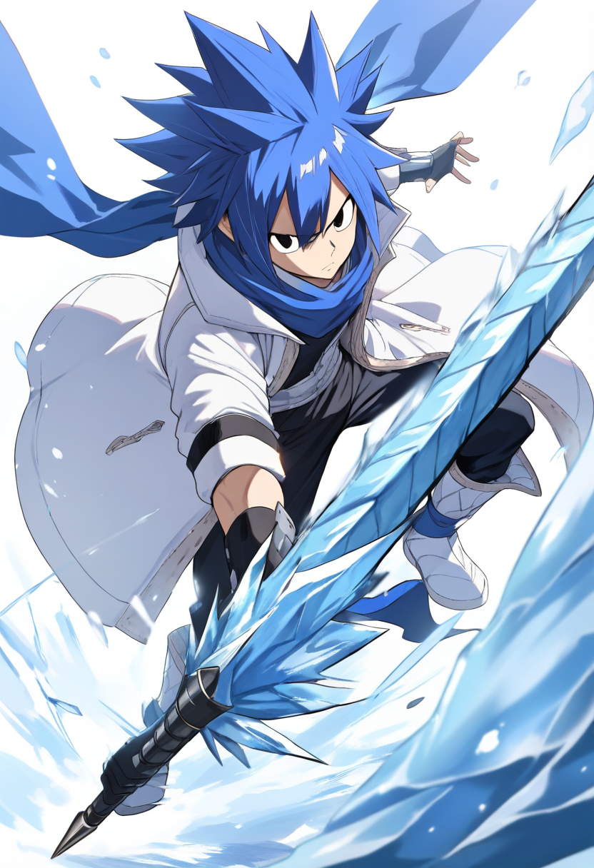 Fairy tail style, spiky blue hair, ice dragon slayer, white coat, blue scarf, frost aura, battle stance