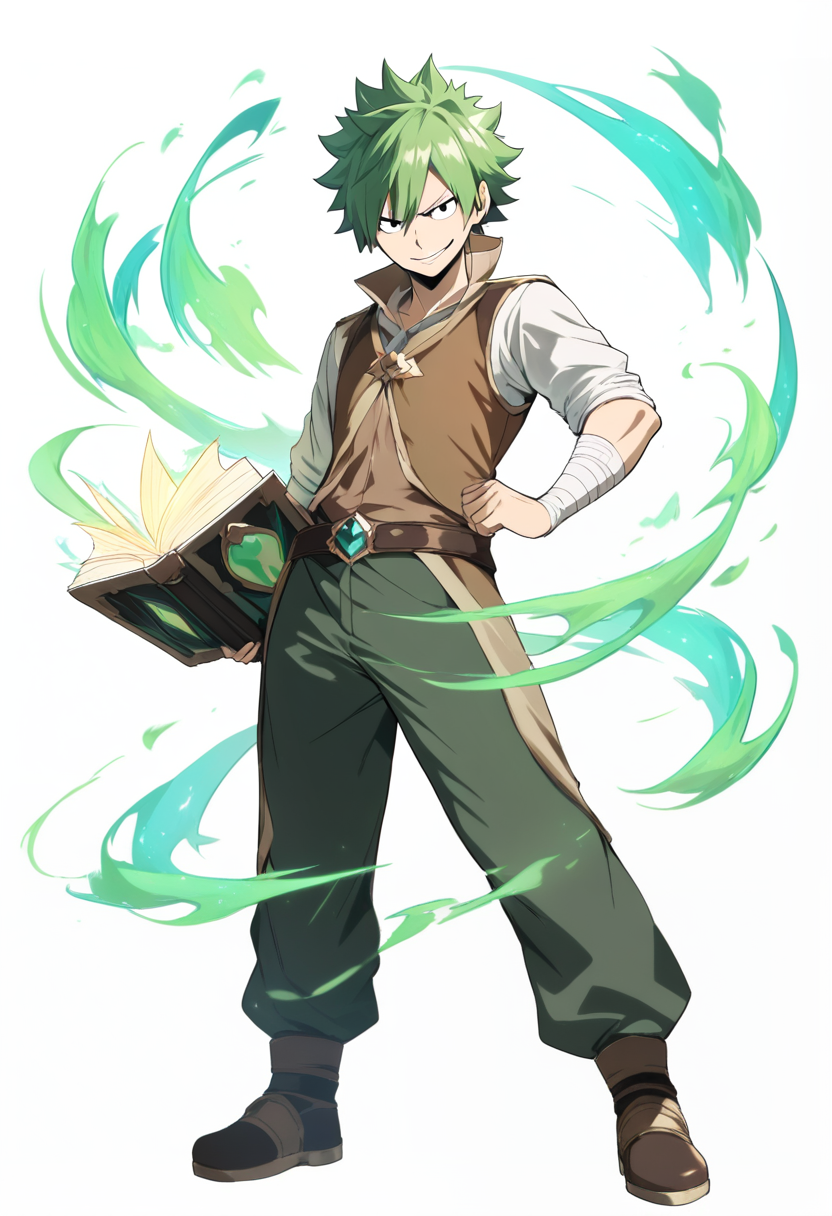 Fairy tail style, messy green hair, rune magic, brown vest, bandaged arms, holding glowing book, smirking