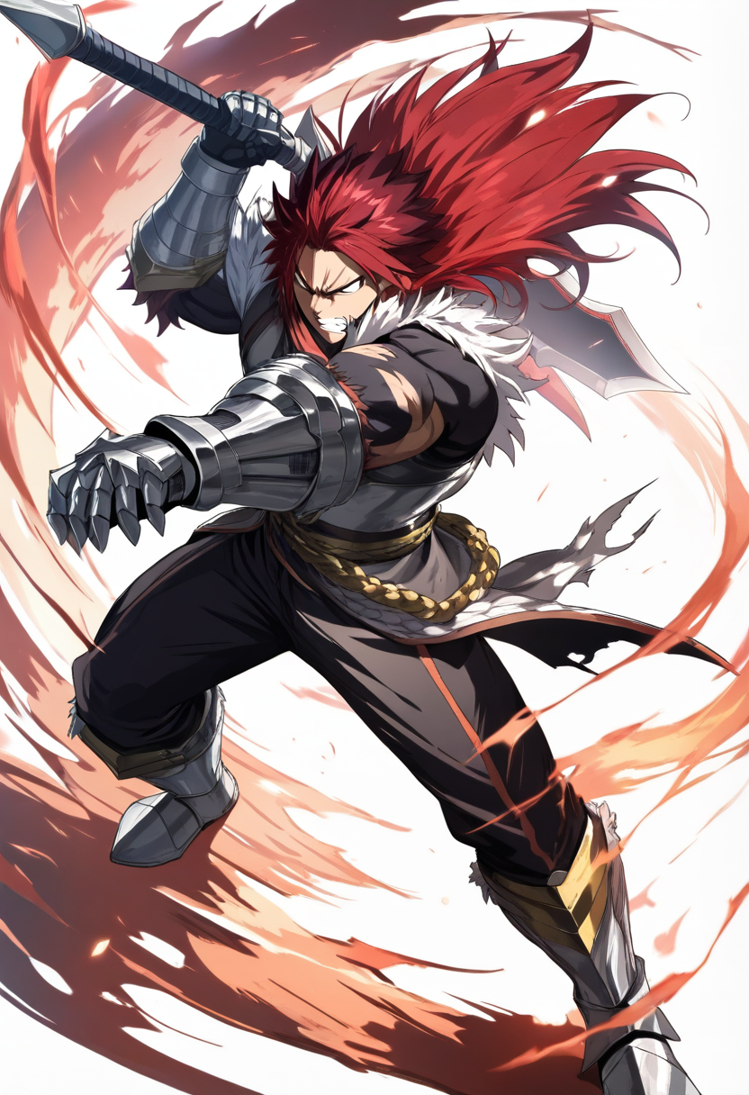 Fairy tail style, dark red hair, iron dragon slayer, metal gauntlets, torn sleeves, muscular, roaring pose