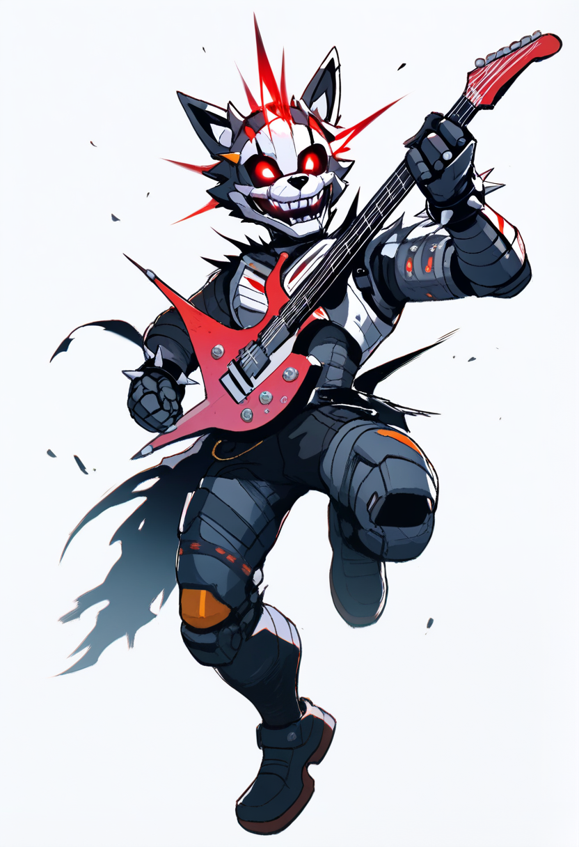 Five nights at freddys, animatronic wolf boy, grey and white metallic body, wolf ears, glowing red eyes, torn rockstar outfit, spiked wristbands, electric guitar, headbanging pose
