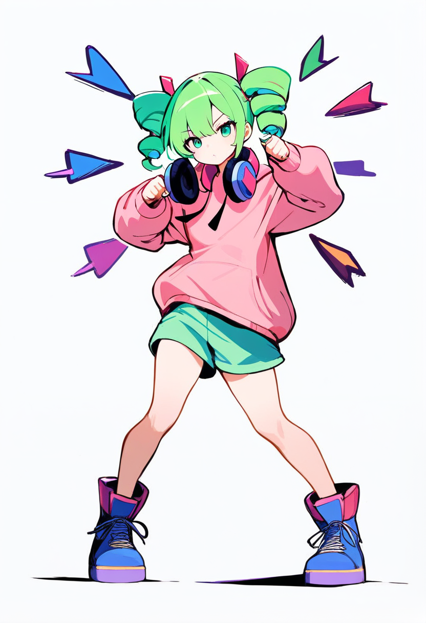 Friday night funkin, rhythm game character, green hair in twin drills, headphones around neck, oversized hoodie with arrow keys design, shorts, high tops, beatboxing pose