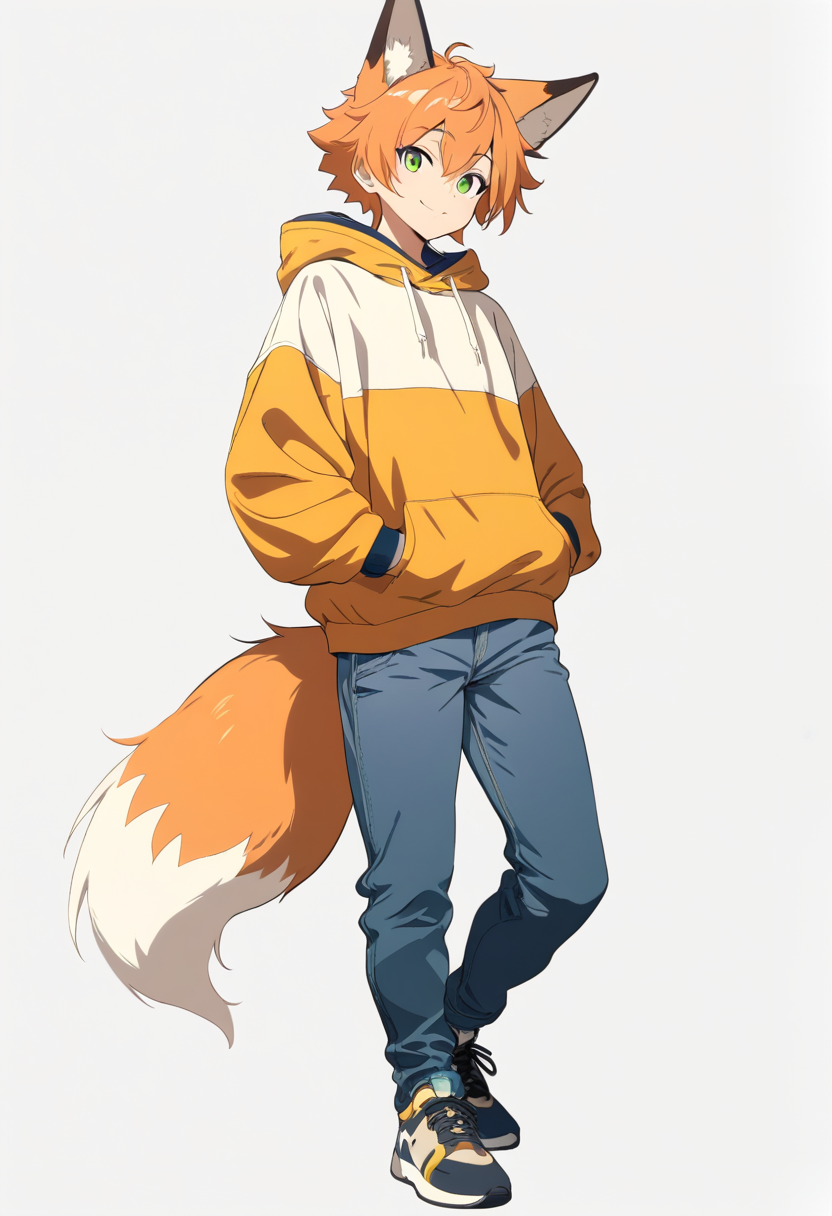 Anime coloring, anthro, fox boy, orange fur, white chest, fluffy tail, green eyes, casual hoodie, jeans, hands in pockets, friendly smile