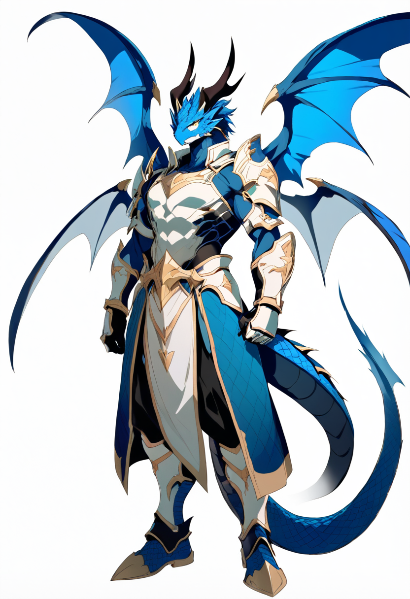 Anime coloring, anthro, dragon boy, blue scales, horns, wings, muscular build, armored gauntlets, tail coiled, proud expression