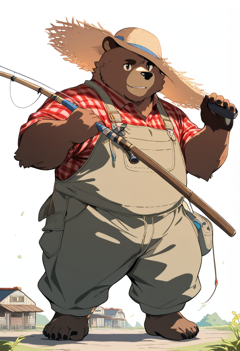 Anime coloring, anthro, bear boy, brown fur, large build, gentle eyes, flannel shirt, overalls, straw hat, holding fishing rod