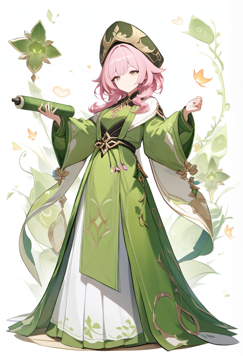 Genshin impact style, short pink hair, dendro vision, green scholar robes, vine motifs, holding ancient scroll, curious expression