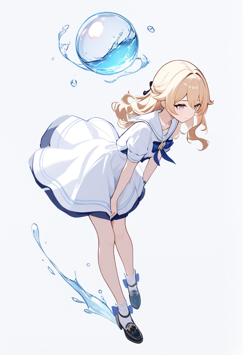 Genshin impact style, wavy blonde hair, hydro vision, blue and white sailor dress, water orbs floating, playful pose