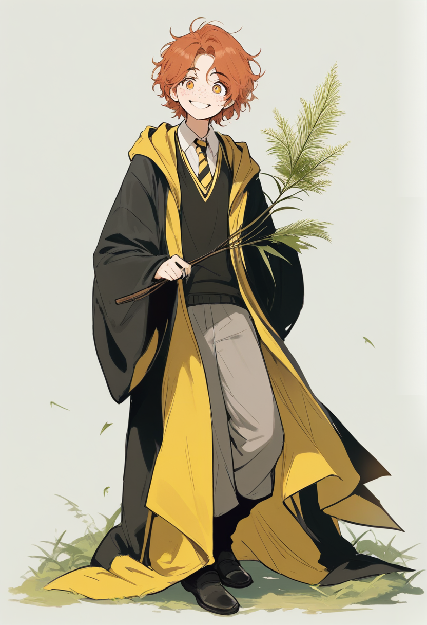 Harry potter style, messy ginger hair freckles, hufflepuff robes, yellow and black tie, holding herbology plant, friendly smile
