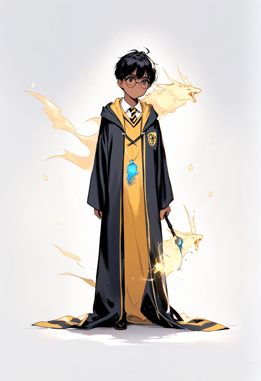 Harry potter style, dark skin, short black hair, hufflepuff robes, holding wand, patronus charm, glowing stag spirit, amazed expression