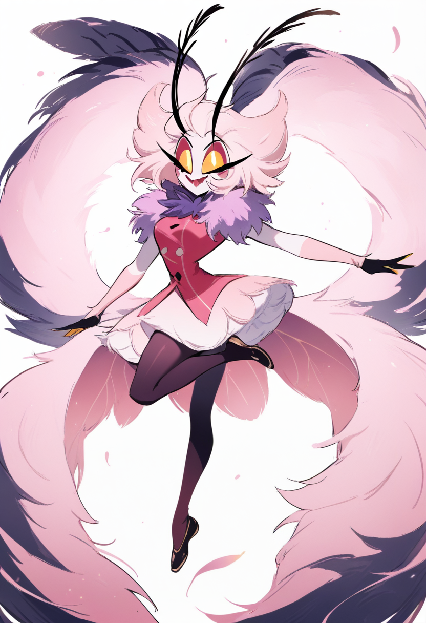Hazbin hotel, moth demon girl, large fuzzy antennae, compound eyes, lavender fluffy collar, short dress with wing patterns, ballet shoes, floating pose