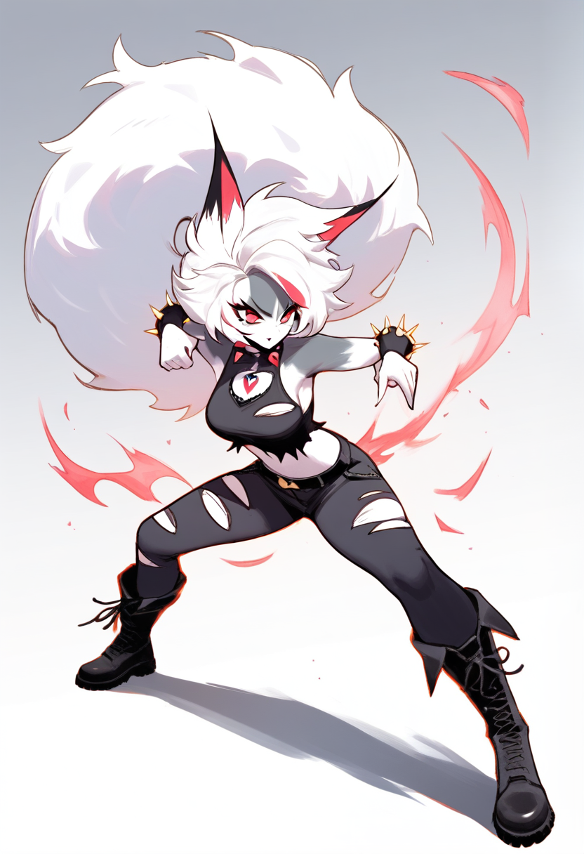 Helluva boss, hellhound girl, grey fur, long fluffy tail, red eyes, white mane of hair, spiked wristbands, ripped tank top, combat boots, battle stance