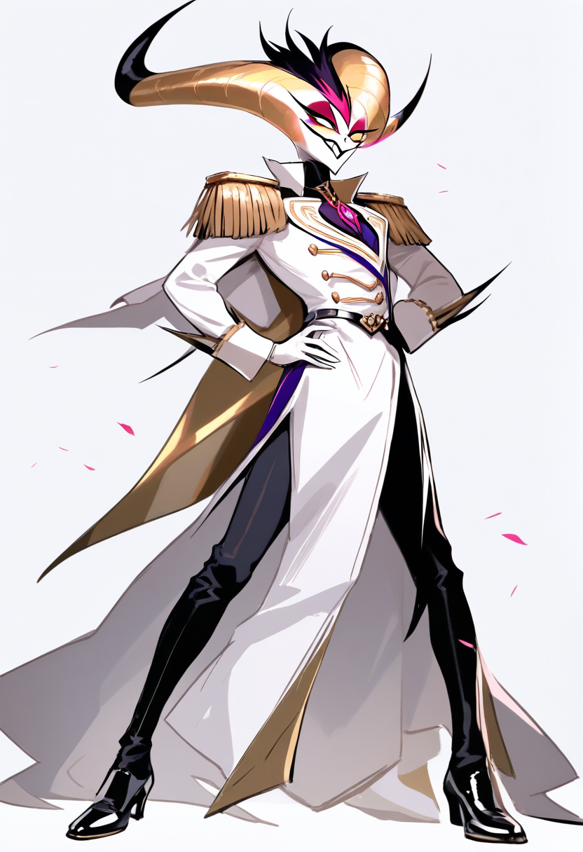 Helluva boss, demon prince boy, tall spiraling gold horns, pale skin, white royal coat with epaulettes, black pants, polished shoes, regal standing pose