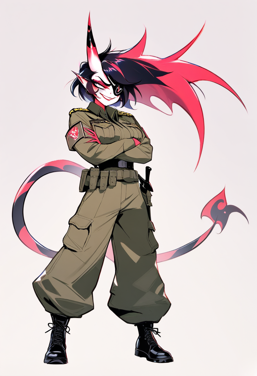 Helluva boss, imp girl, broken left horn, maroon skin, short choppy black hair, eyepatch, military style jacket, cargo pants, combat knife holster, arms crossed smirk