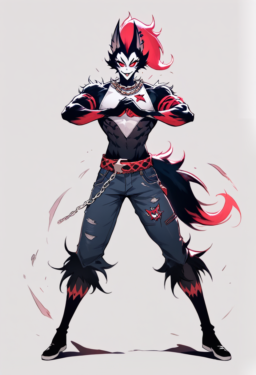 Helluva boss, hellhound boy, black fur with white chest patch, muscular build, red eyes, wolf ears, sleeveless shirt, jeans, chain necklace, cracking knuckles