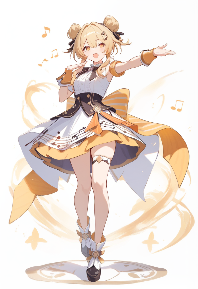 Honkai star rail style, twin buns golden hair, harmony path, orange and white idol outfit, musical note motifs, singing pose