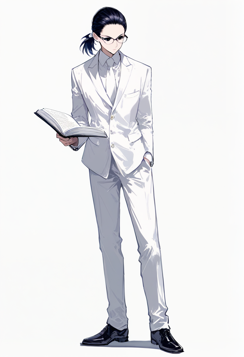 Hunter x hunter style, hunter, tall thin build, long black hair tied back, glasses, intelligent dark eyes, formal white suit, specialist nen book floating beside him, calculating analytical expression