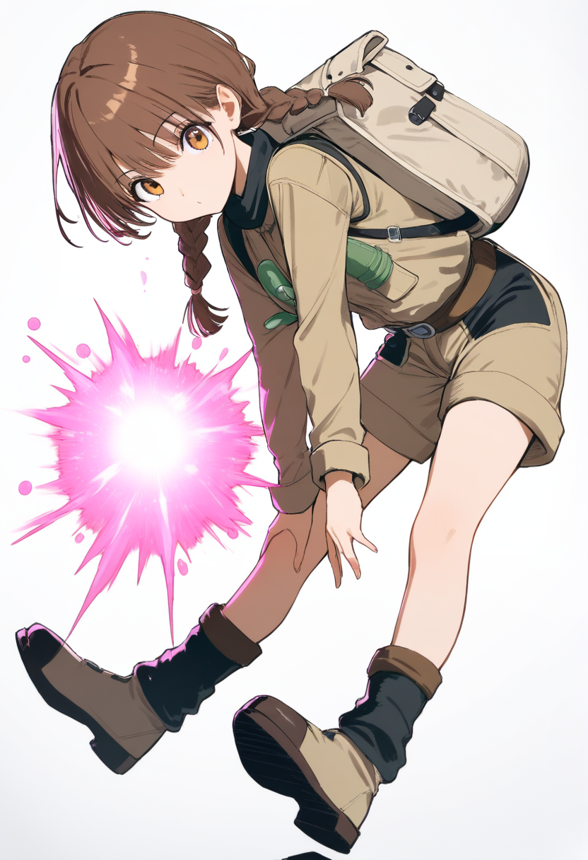 Hunter x hunter style, hunter, twin braids brown hair, warm hazel eyes, adventurer outfit khaki vest and shorts, emitter nen pink energy spheres floating around her, cheerful explorer pose with backpack
