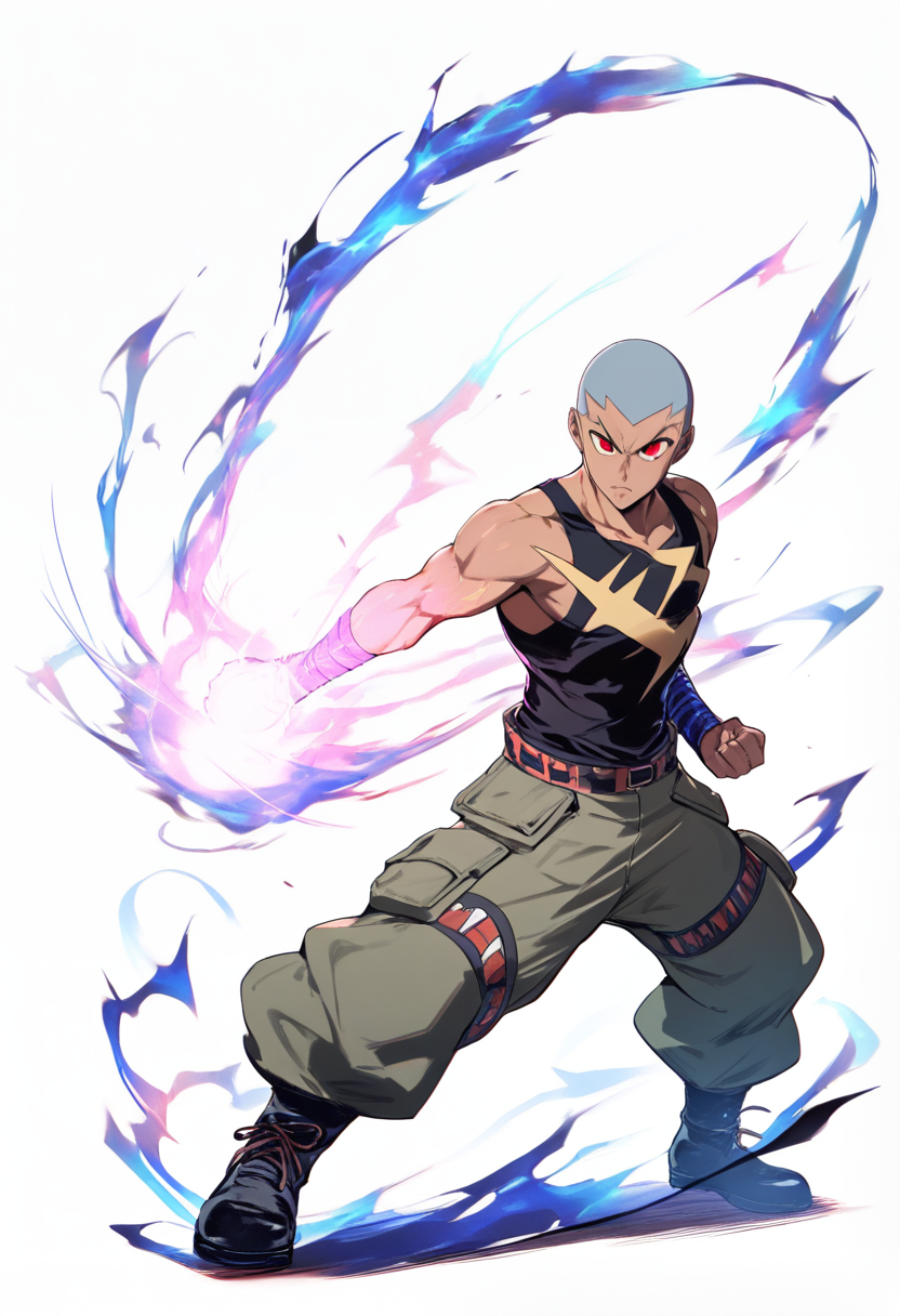 Hunter x hunter style, hunter, muscular build, shaved head with lightning bolt pattern, dark skin, fierce red eyes, black tank top and cargo pants, enhancer nen crackling blue aura, powerful guard stance