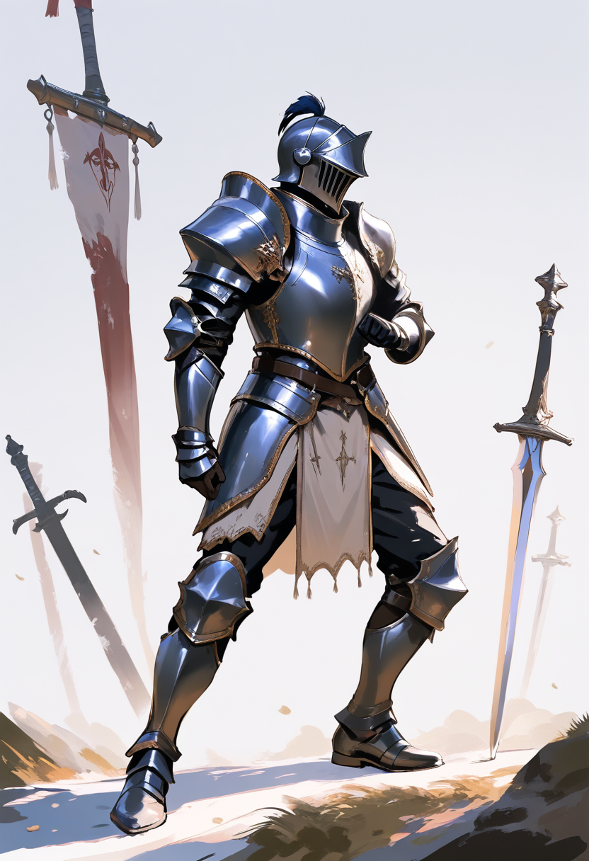 Detailed illustration, painterly style, knight armor, silver and gold trim, great helm under arm, longsword, tattered banner, noble stance