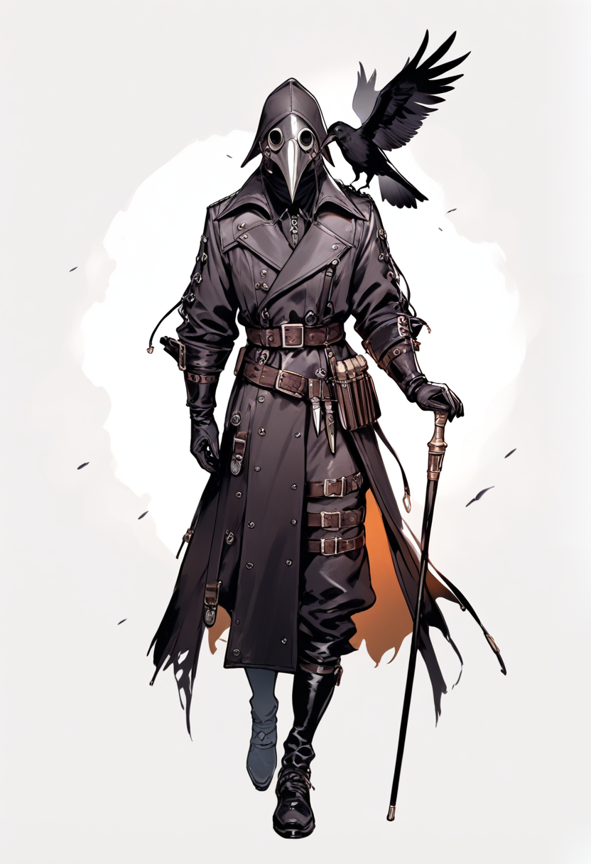Detailed illustration, atmospheric, plague doctor mask, long leather coat, belt of vials, walking cane, crow on shoulder, ominous presence