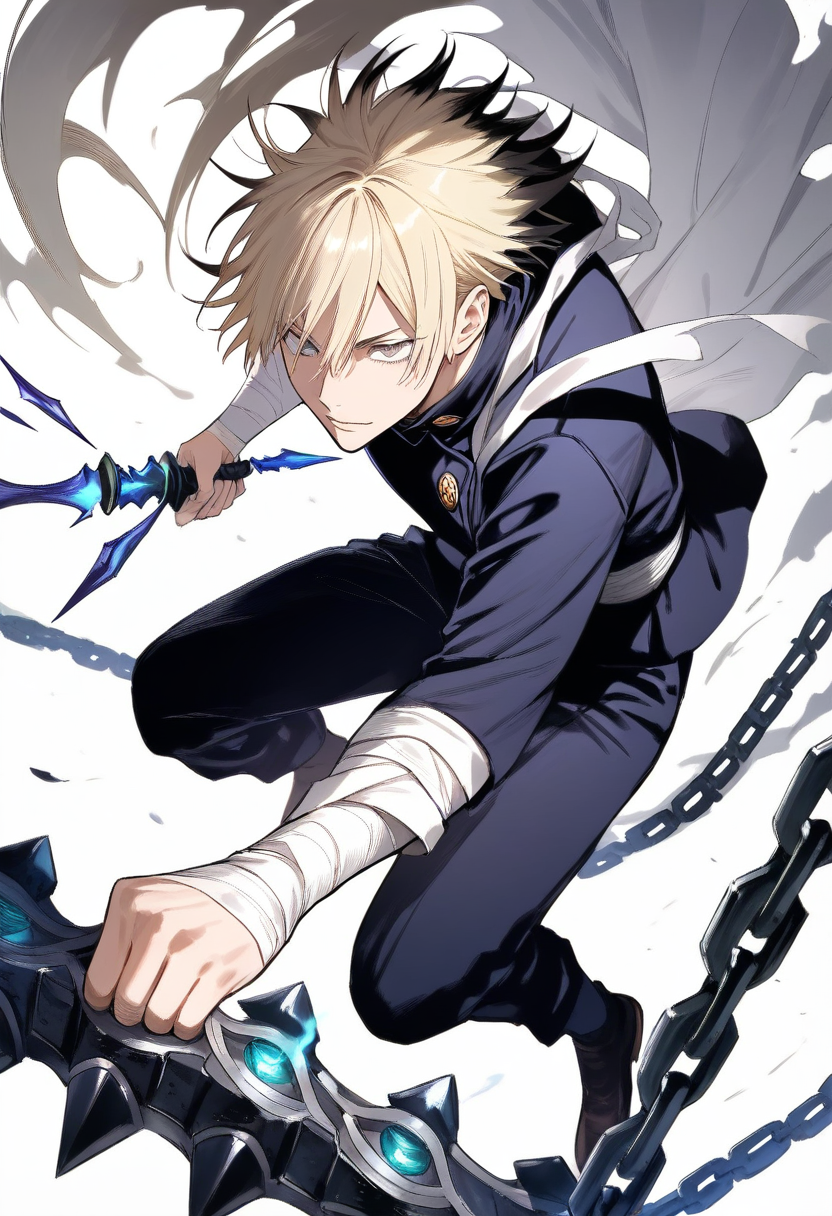 Jujutsu kaisen style, jujutsu sorcerer, short bleached blonde hair with dark roots, tired grey eyes, kyoto jujutsu high uniform, bandages wrapped around forearms, cursed tool chain weapon in hand, lazy slouched pose