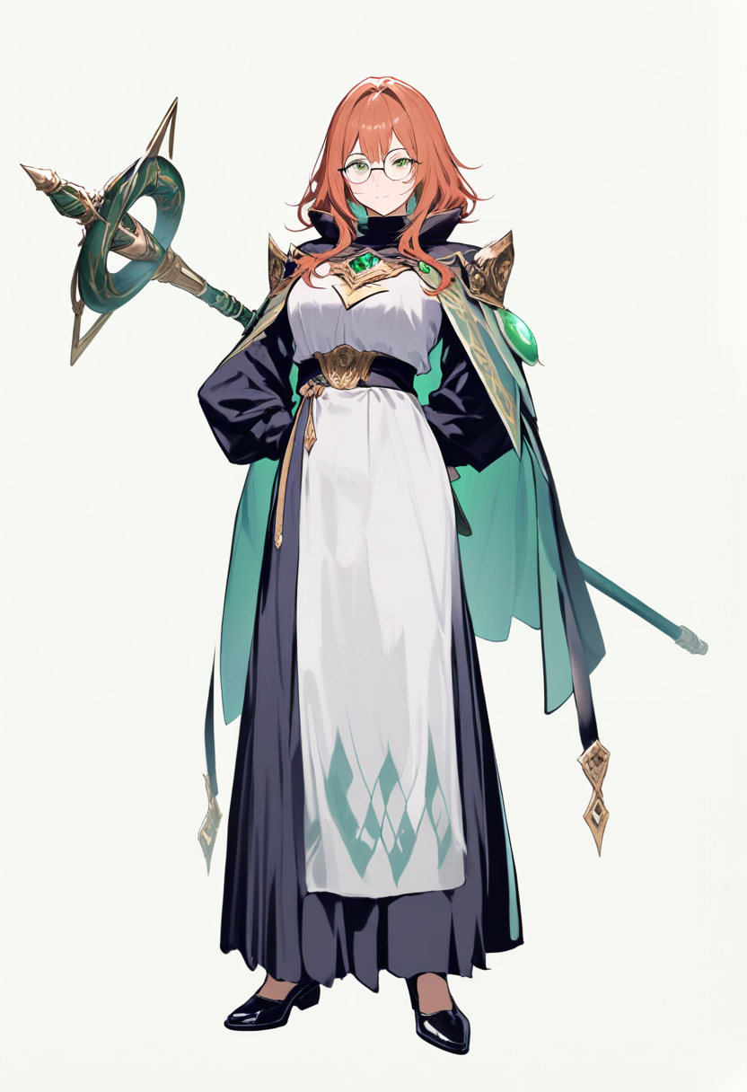 Jujutsu kaisen style, jujutsu sorcerer, wavy auburn hair to shoulders, green eyes behind round glasses, standard dark uniform with long skirt, cursed tool bo staff held behind back, scholarly calm expression