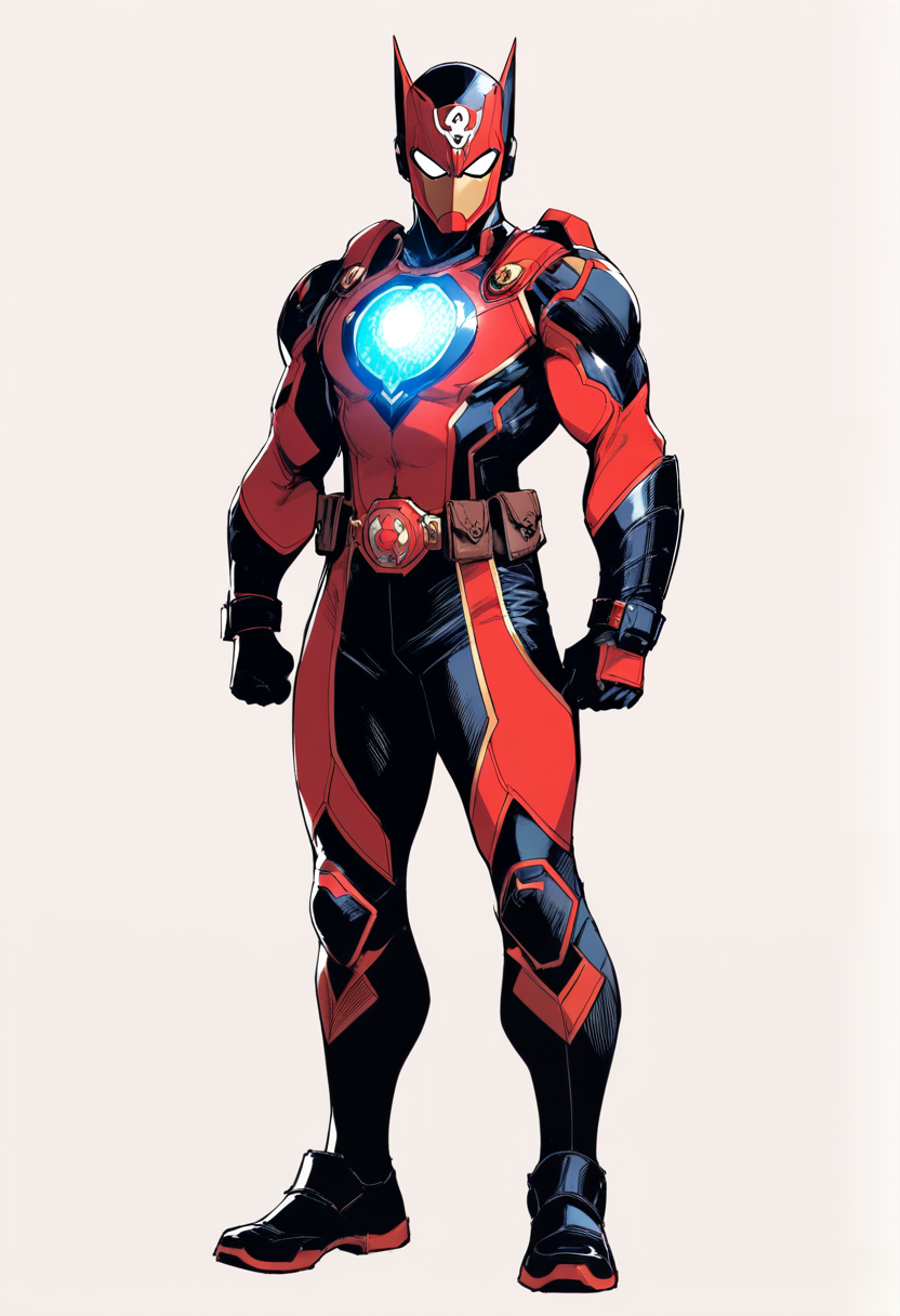 Marvel comics, superhero, red and black armored suit, glowing chest reactor, short brown hair, visor helmet held under arm, confident standing pose
