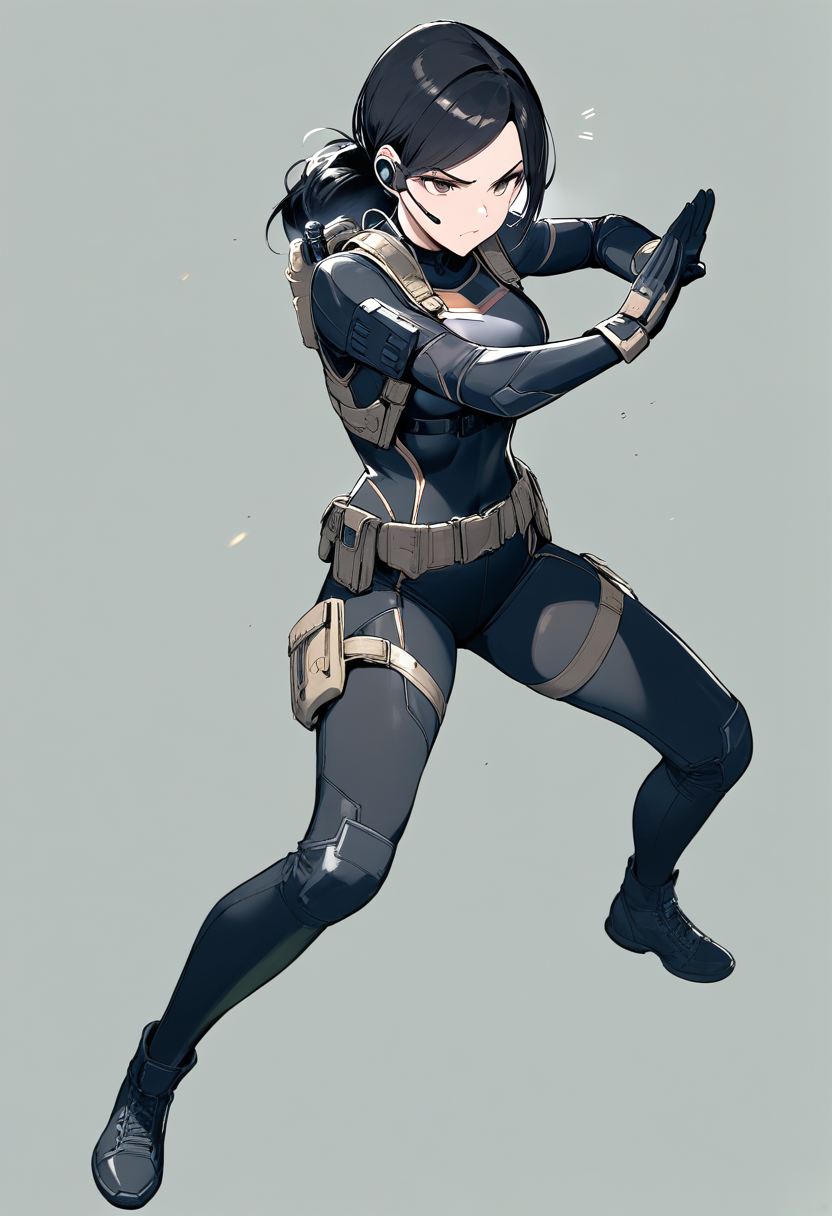 Marvel comics, shield agent, short black hair, tactical bodysuit, utility belt, dual pistol holsters, earpiece communicator, stern expression, ready stance